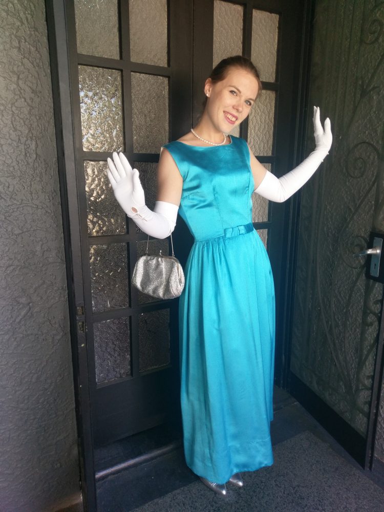 1960's Evening Gown, Satin, Cornflower blue, handmade, Size 10-12 - Image 5