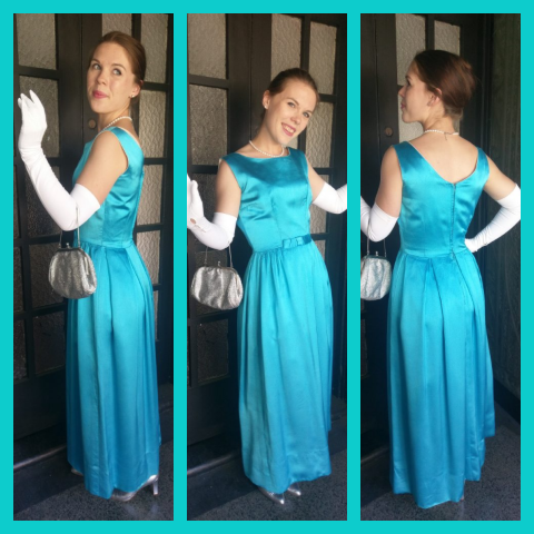 1960's Evening Gown, Satin, Cornflower blue, handmade, Size 10-12
