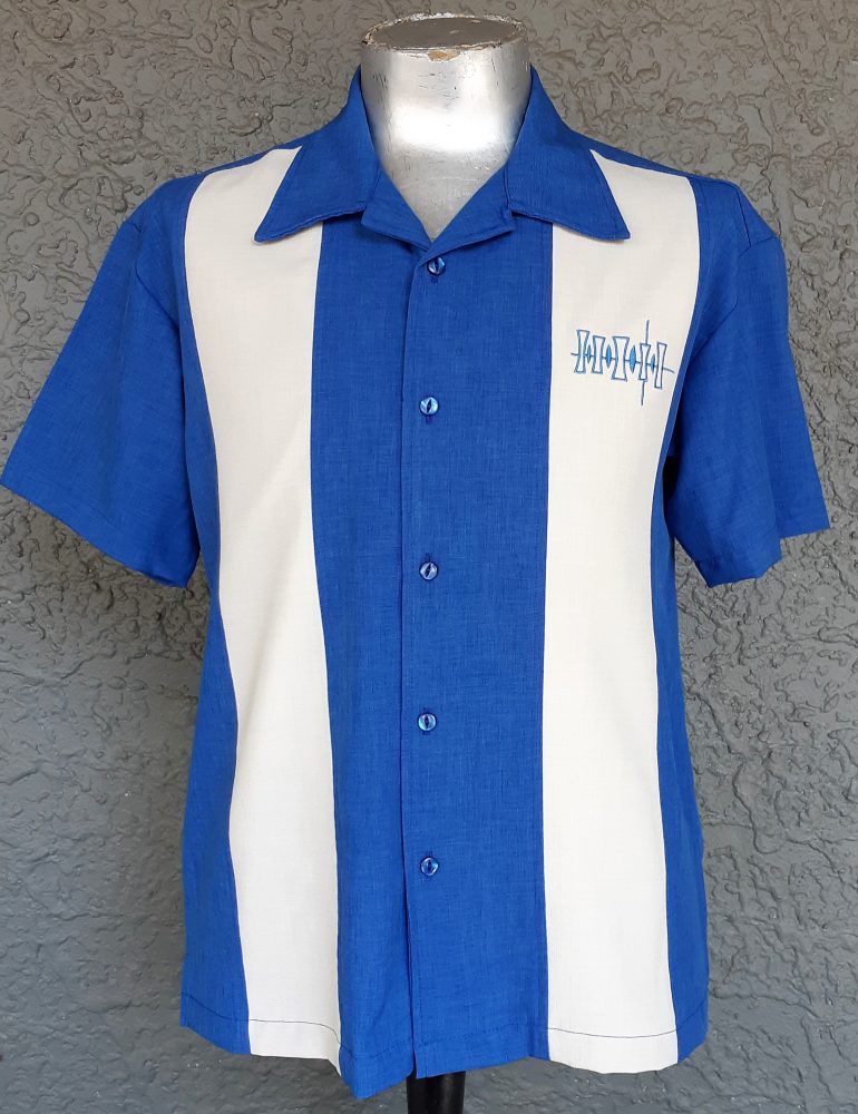 Bowling shirt, by ‘Steady Clothing’ polyester, Blue/white (last one XS ...