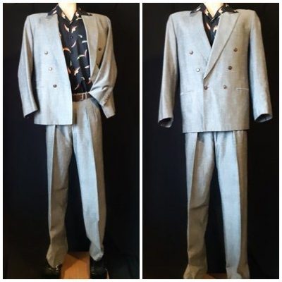1980's 2pc suit by '7th Avenue', grey poly/rayon, size S-M, 33'' waist.