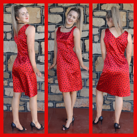 1960's Wiggle Dress, Red/ black, Polka-dot, satin/polyester, size 12