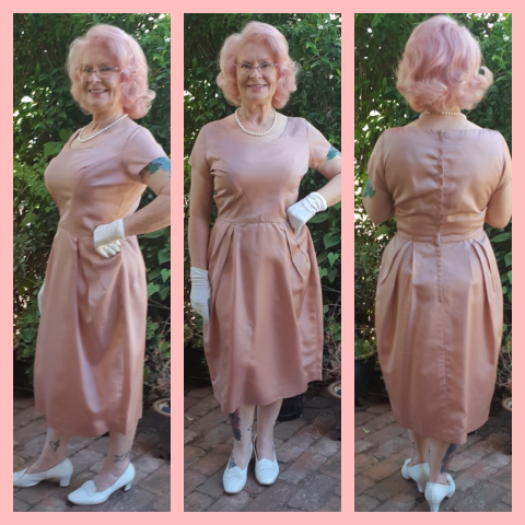 1960's Cocktail dress, mushroom, satin/polyester by 'Mr. Block of Melbourne', size M