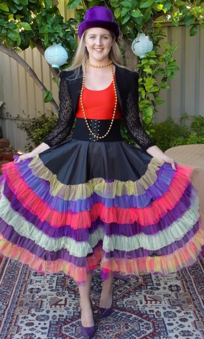 Show Girl Costume, Multi coloured, includes hat, crop top, jacket, skirt, belt & beads, Poly/ cotton, size 10