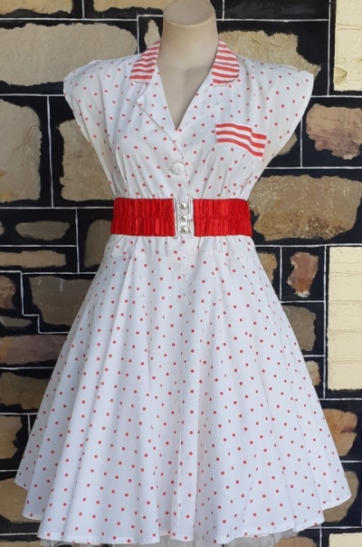 1980's Swing dress & elastic red belt,Polka-dot, red/white, cotton, & elastic red belt, size 14