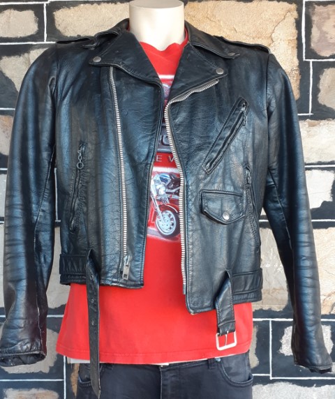 Vintage leather biker jacket by 'The Leather Shop', USA for Sears, polyester quilted lining, size L