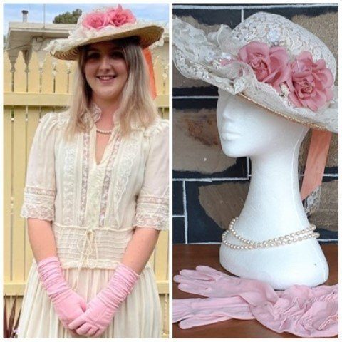 Vintage look straw hat with lace and flowers, plastic pearl beads and pink vintage gloves.