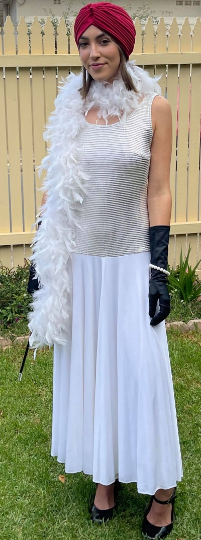 1920's inspired, white, jersey/sequinned dress by 'Geoff bade' includes feather boa & cloche, size 10