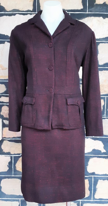 Suit, 1970's, Jacket and pencil skirt, Wool, Dark Plum, by 'Geoff Bade' size 10
