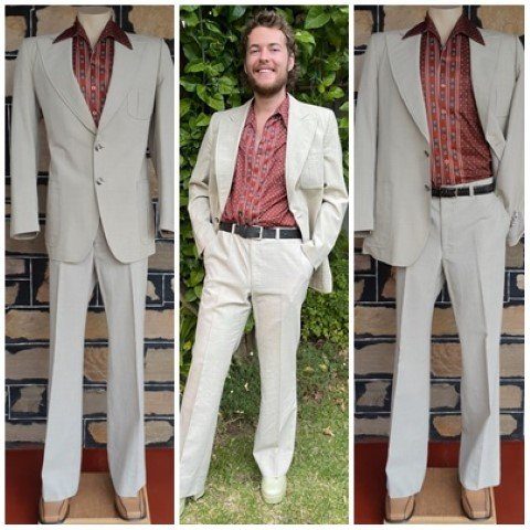 1970's Suit, flared trousers, beige, Wool Celsius 30, by 'Stafford Ellison for Mc Gregor', size L, 36"