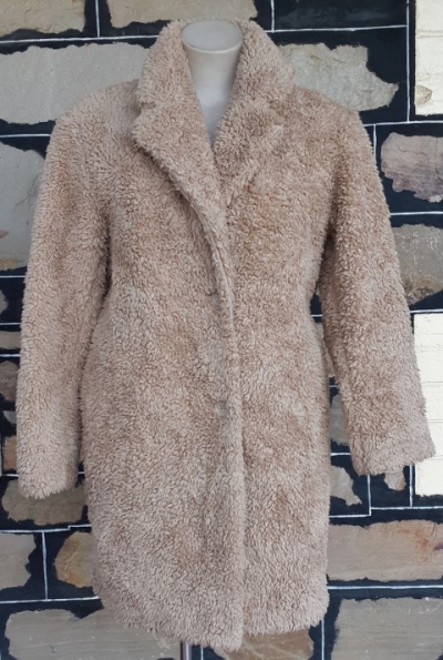 Faux Fur Sheepskin 3/4 length coat, 70's inspired, beige, size 14
