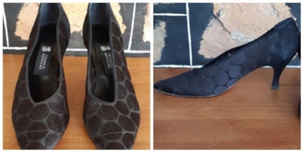 Court shoe, black spot mesh, leather, by 'Franco Burrone' size 8
