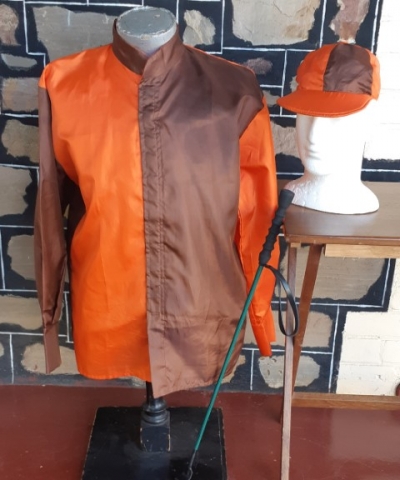 Jockey Silks, cap and whip, orange/brown, polyester size M