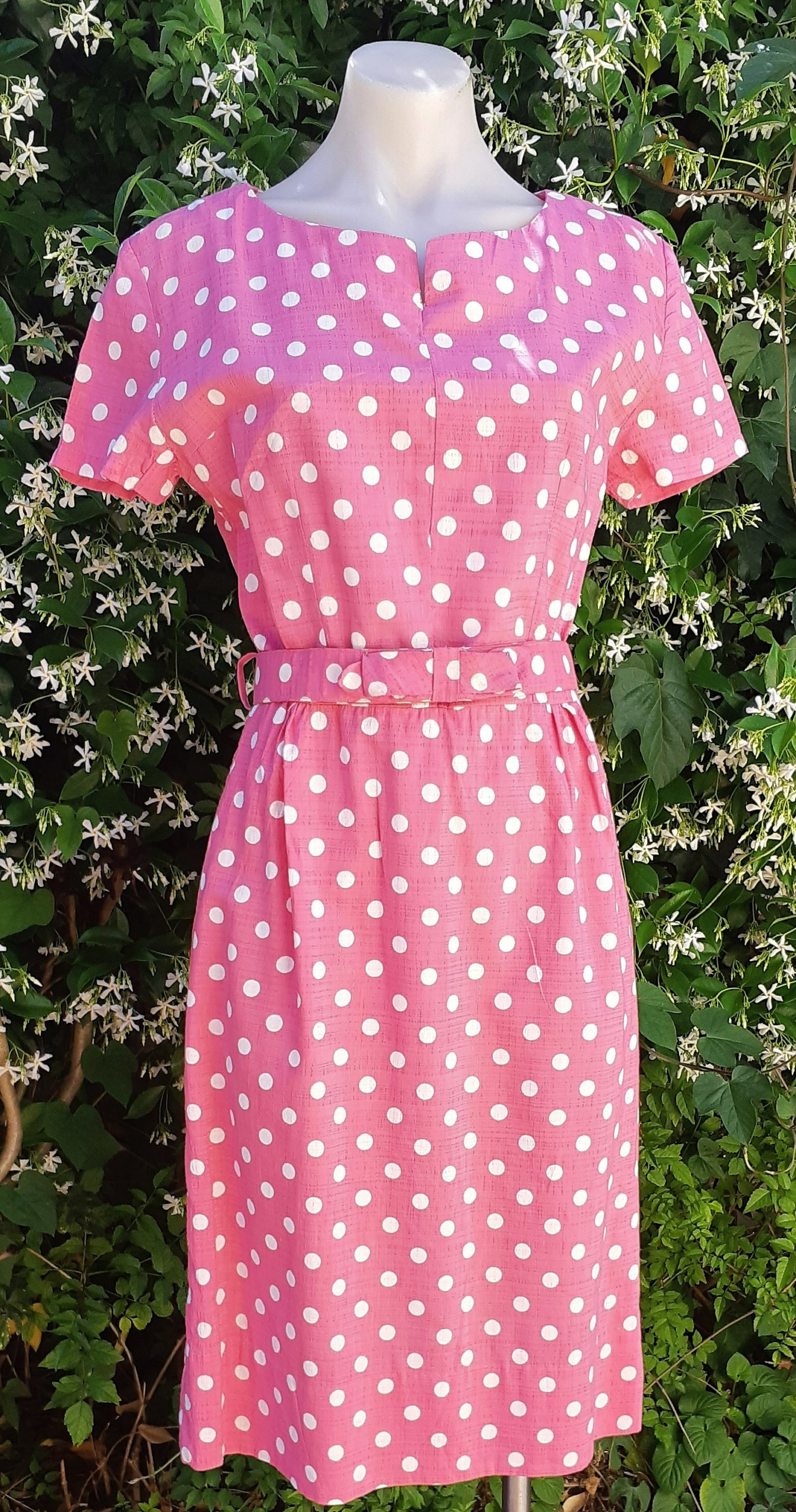 1960's Shift dress, Pink/white Polka-Dot, Rayon/cotton, Handmade, size 8-10 - Image 6