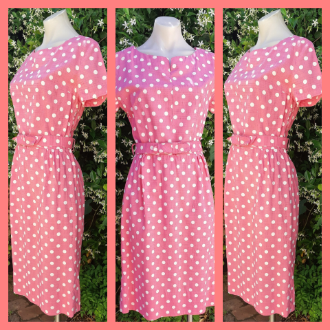 1960's Shift dress, Pink/white Polka-Dot, Rayon/cotton, Handmade, size 8-10