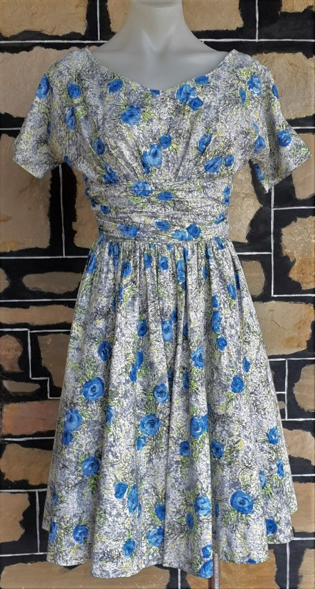 1940's Day Dress, Grey Floral Print, cotton, handmade size 10