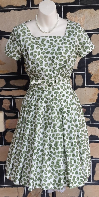 1950's Swing Day Dress, Cream/green print, rayon, handmade, size 8