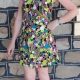 1970's A-line shift dress, Pop-Art multi coloured, with headscarf & beads, size 10