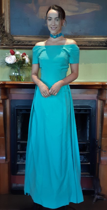 1940's Gown, with Choker & broach Turquoise, rayon, handmade, Size 8