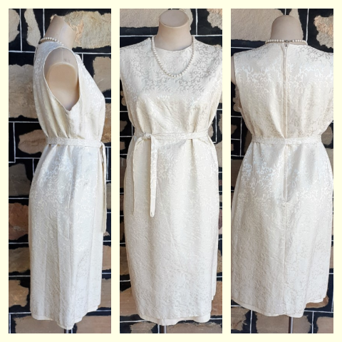 1960's Shift Dress, Damask, Cream, handmade in USA, size 16