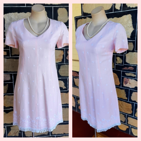 1960's Shift dress, pale pink, linen, handmade in USA, size 10