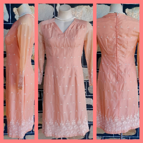 1960's Shift dress, 3/4 sleeve, Nylon, Peach, handmade in USA, size 10