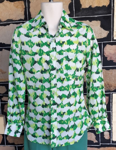Men's 1970's Disco Shirt, polyester, green/white, by 'Minerva', size S - Image 7