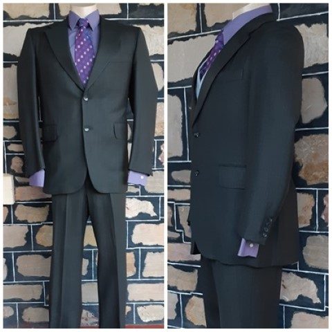 1960's Two Button Suit, Black/chocolate pinstriped, wool by 'Kentish', size M