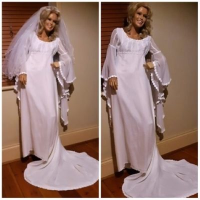 1970's Wedding Dress and Veil, Chiffon, Bell Sleeves, Handmade, White, size 10