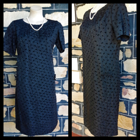 1960's Cocktail Dress, Black, shift, handmade, polyester, size 12