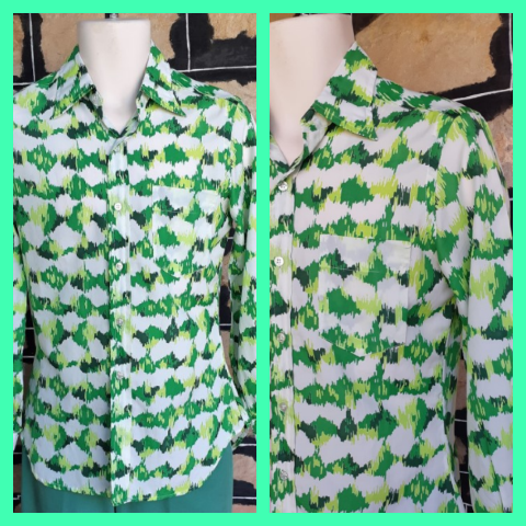 Men's 1970's Disco Shirt, polyester, green/white, by 'Minerva', size S