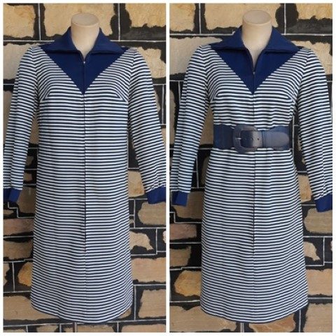 1970's Casual Day Dress, polyester, navy/white stripes, by 'Parade of New York', size 12
