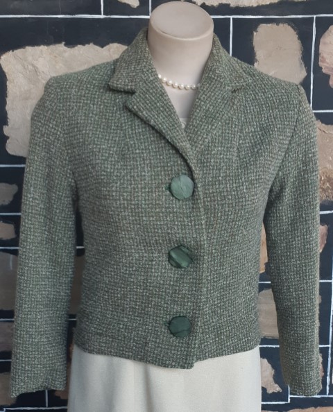 1950's, Tweed Cropped Jacket, Green, wool, size 10