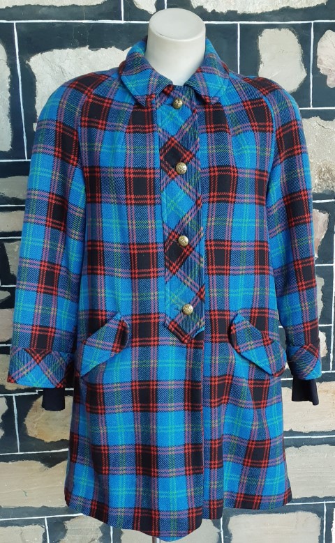 1960's Pea Coat, wool, blue tartan, size 12-14