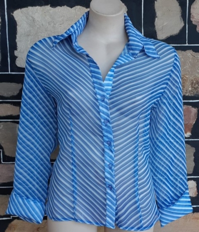 1970's Blouse, polyester, blue/white, by 'Filo' size L