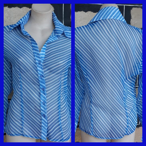 1970's Blouse, polyester, blue/white, by 'Filo' size L