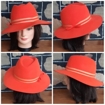 1980's, Fedora, Tomato Red, Wool, by 'Doeskin Felt', size L