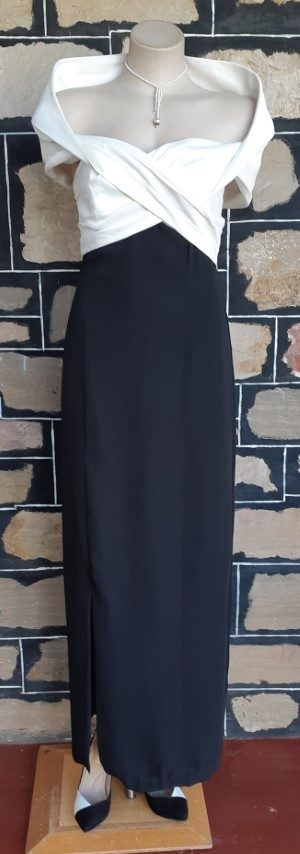 Evening Dress, Black crepe, Cream Shawl collar in raw silk, size 8-10, handmade