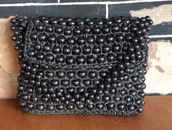 1960's Handbag, Black, Raffia Crochet and Plastic Beads