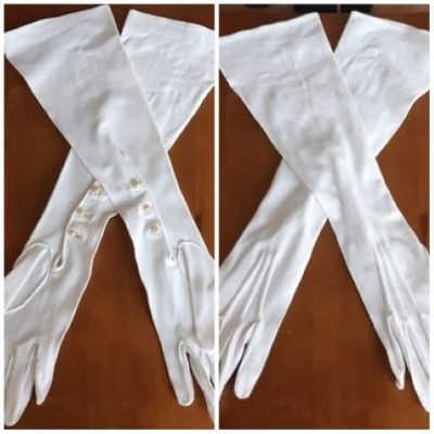 Vintage Gloves, over elbow length, white cotton with pearl buttons, Medium.