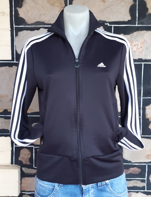 'Adidas', Vintage 3 stripe, Cropped Button Through Track Top, polyester, black/white, size S