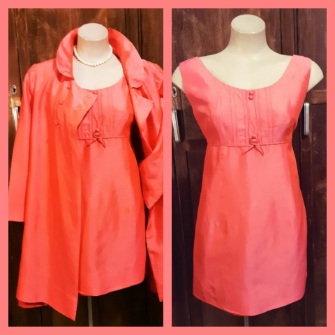 1960's, Original Dress & Coat, Princess Line, Watermelon Pink, Rayon, by 'Margeaux Couture', size 12