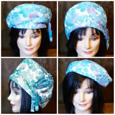 1950's Hat, Blue Floral Print, Nylon, by 'Augusta of Paris', size 54.5 cm circumference.