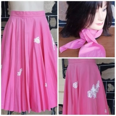Full Circle Skirt & Headscarf, Pink, Cotton, Handmade size 10-12