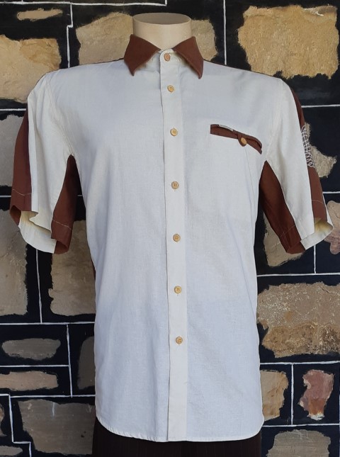 Men's Retro Short Sleeve Shirt, Linen, cream/brown, by 'Maestro', Spain, size L-XL - Image 8
