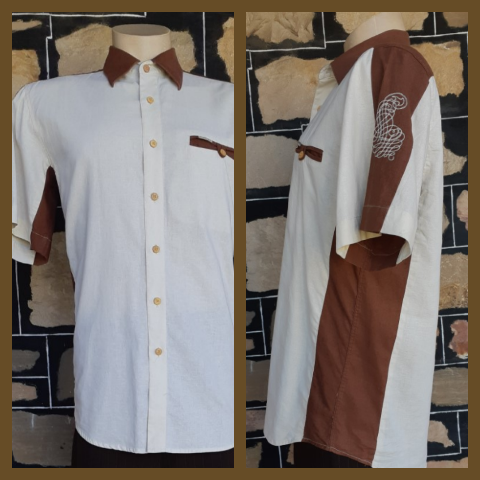 Men's Retro Short Sleeve Shirt, Linen, cream/brown, by 'Maestro', Spain, size L-XL