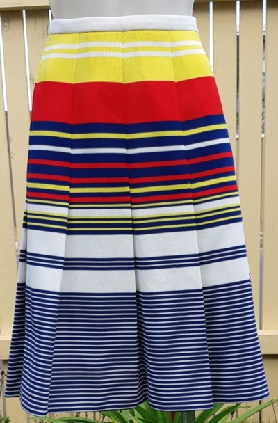 1960's, Boxed Pleat Skirt, multi-coloured stripe, polyester, by 'Lenco of Melbourne', size S-M