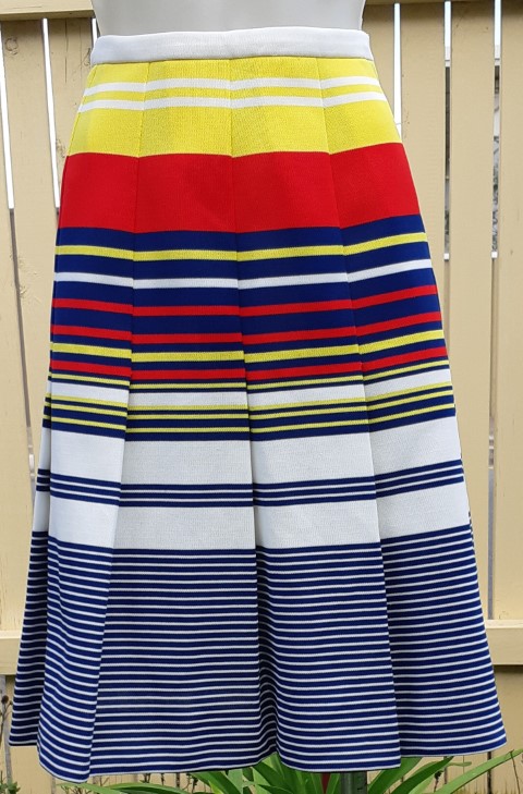 1960's, Boxed Pleat Skirt, multi-coloured stripe, polyester, by 'Lenco of Melbourne', size S-M