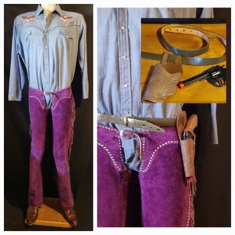 Chaps, Western style with fringing, Purple Suede, with belt, toy gun and holster
