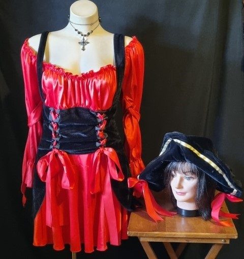 'Pirate Wench' Costume, with Tricorn Hat & Cross, Red/black, polyester, by 'Elevate', size L-XL