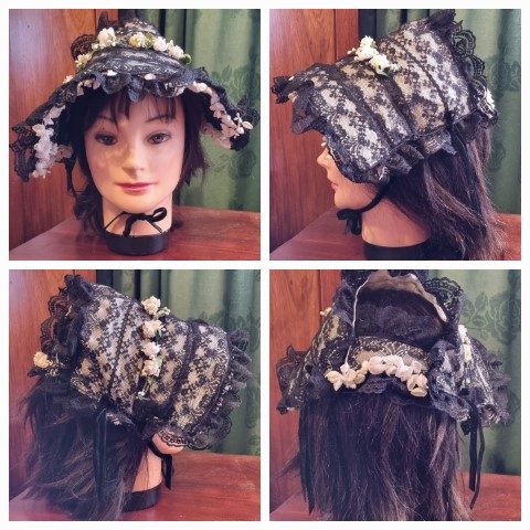 Ladies Bonnet, Reproduction 19th Century, Handmade, black/cream, cotton/lace